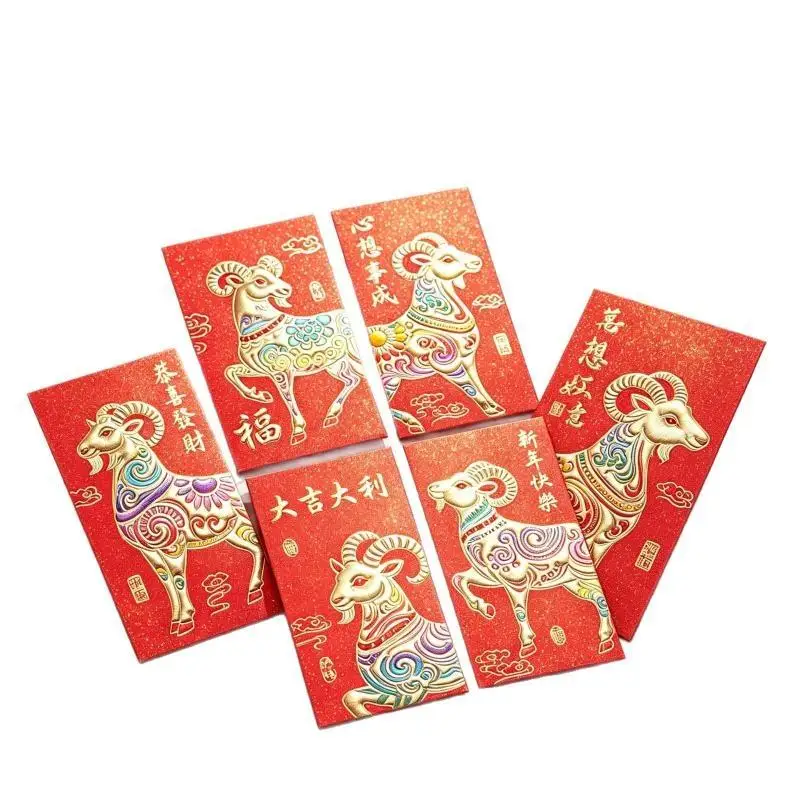 6Pcs Year Of The Goat Red Envelopes Embossed Gold Foil Design Premium Glitter Paper For Chinese New Year Spring Festival Giftin