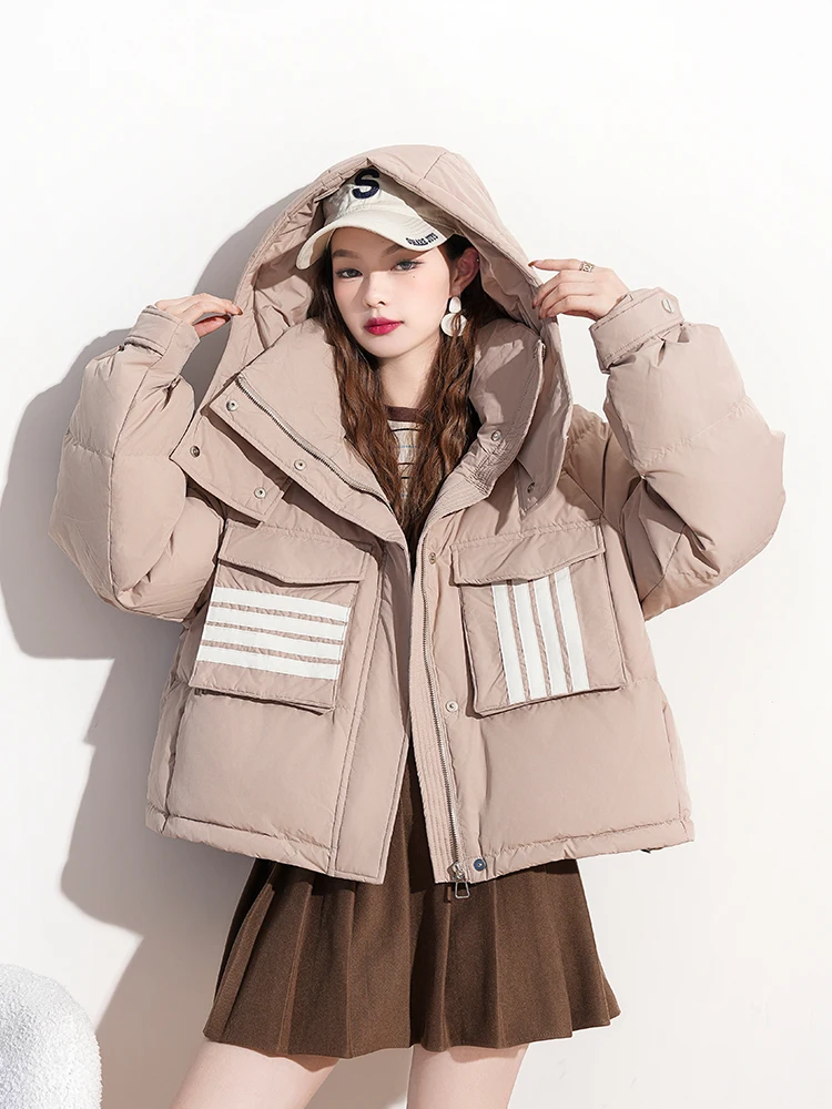 2024 inverno nuove donne piumino con cappuccio Stripe Color Collision piumino corto 90Duck Down addensato caldo Parka antivento