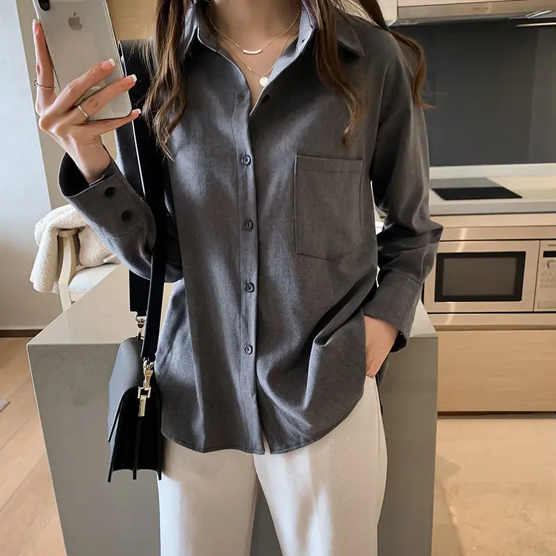 Korean Women\'s 2024 Spring Autumn New Splicing Polo Collar Button Pocket Fashion Solid Loose Casual Long Sleeve Blouses Shirts