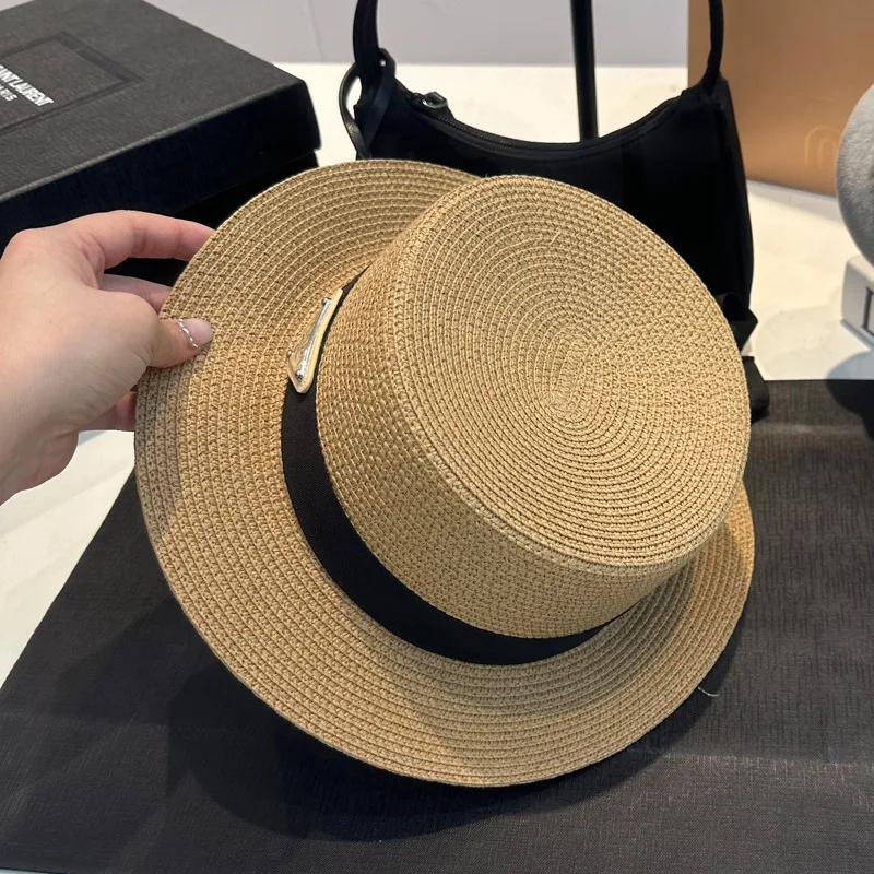 Летняя простая женская декоративная солнцезащитная соломенная шляпа с треугольным плоским верхом, солнцезащитная модная соломенная шляпа Tide
