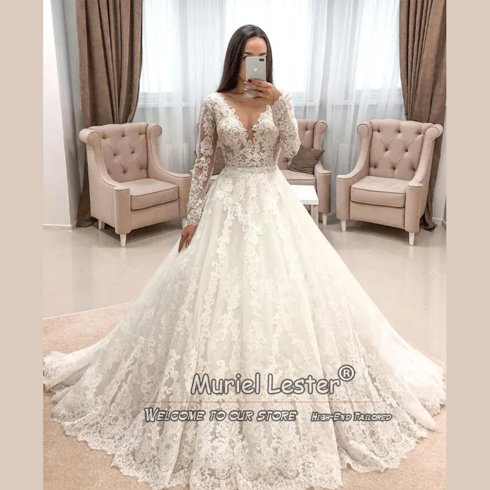 Ivory Princess Wedding Dresses With Long Sleeves Applique Lace Scoop Neck Bridal Gowns Bespoke Female Party Marriage Clothing