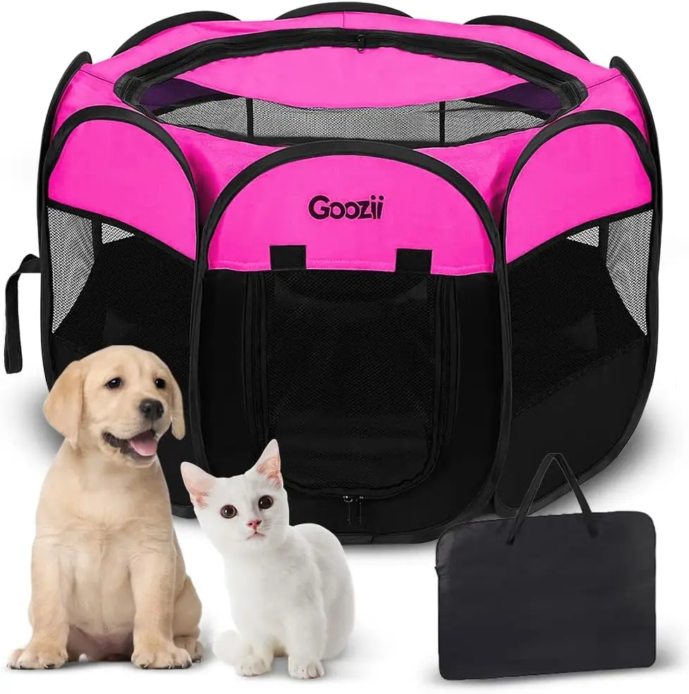 

Foldable Dog Playpen for Small Dogs, Indoor Outdoor Portable Pet Puppy Playpen Tent with Top Cover and Door, Medium Size Pink