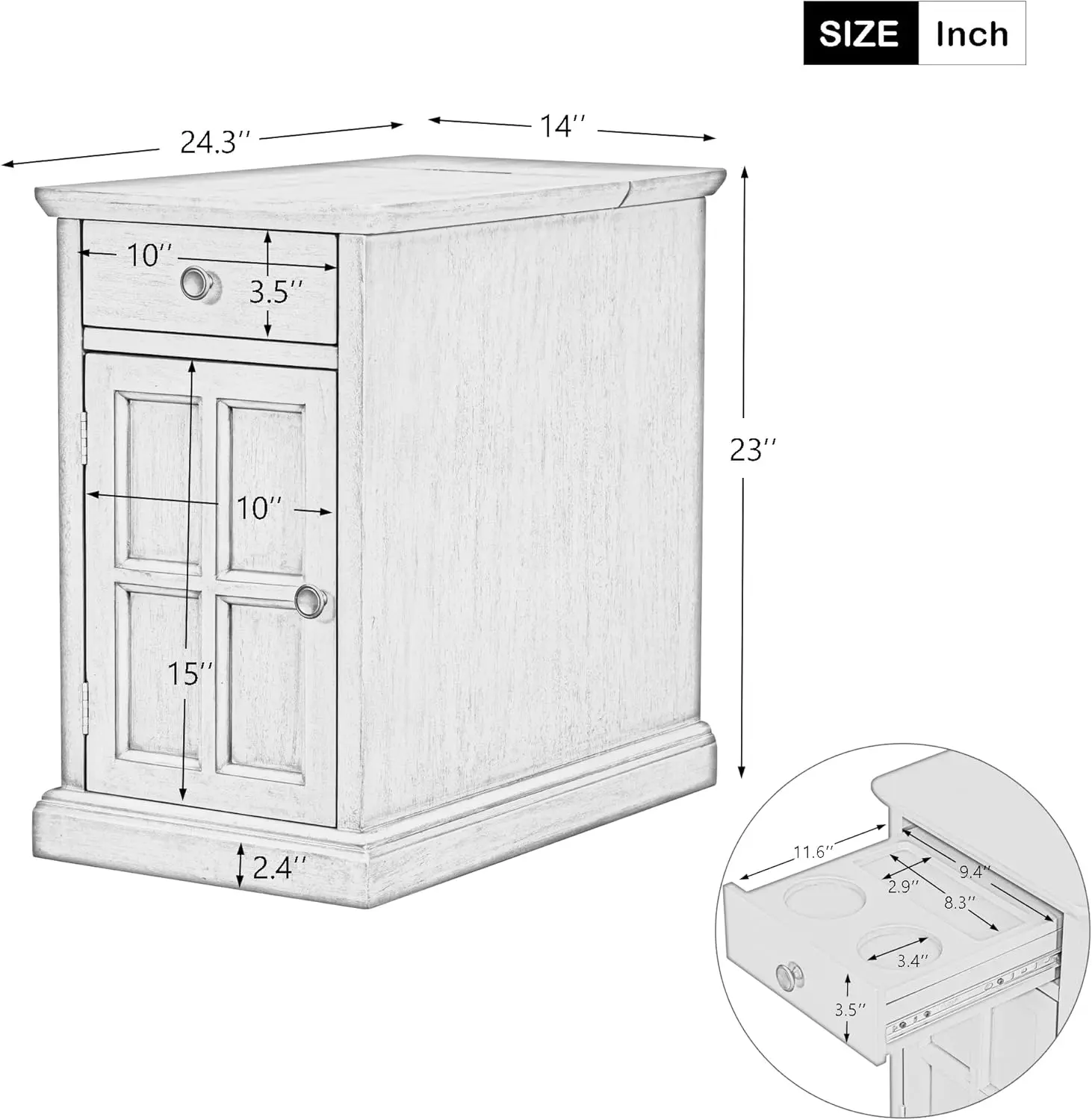 Mesa auxiliar de madera con estación de carga, sofá vintage moderno, mesa auxiliar, mesita de noche con almacenamiento y cajón para sala de estar y dormitorio