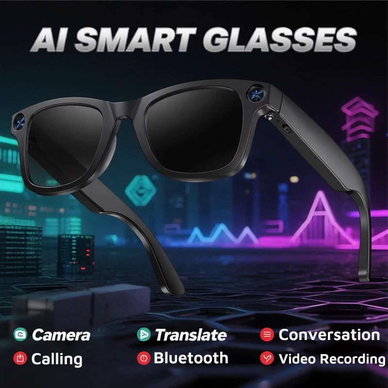 

AI Smart Glasses Touch Control Camera Square Sunglasses Men Women Translate Video Recorder Bluetooth Call Anti-Blue Eyeglasses