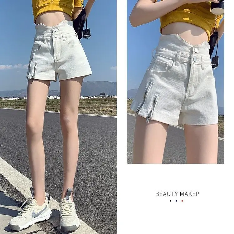 2024 New Fake Zippers Fashion Streetwear High Waisted Short Pants Thin Denim Shorts Women Summer White Jeans for Women  A32