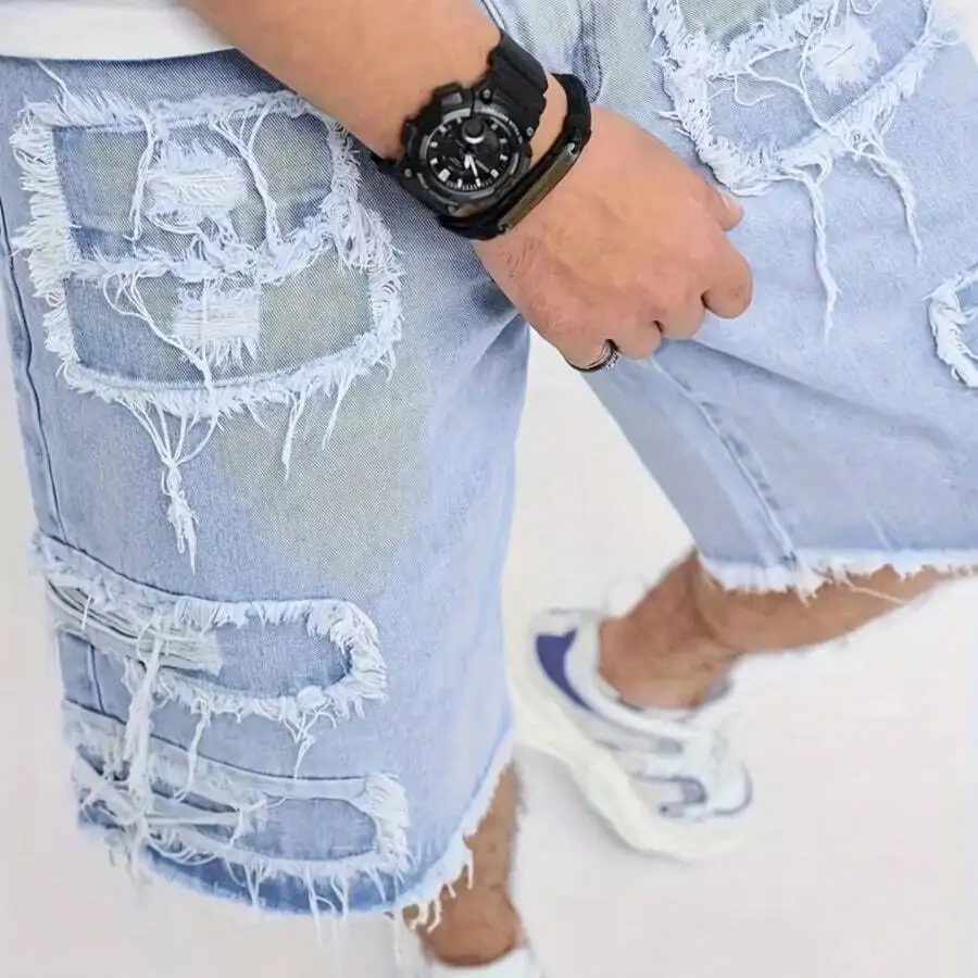 Lightweight Distressed Denim Shorts Men Loose Fit Mid-Thigh Vintage Patch Design Casual Summer