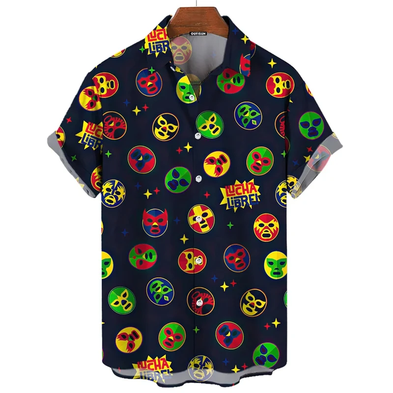 Hawaiian Men's Shirt, Mexican Wrestling Printed Men's Shirt, Fashionable Street Style Summer Button Up Collar Plus Size Shirt
