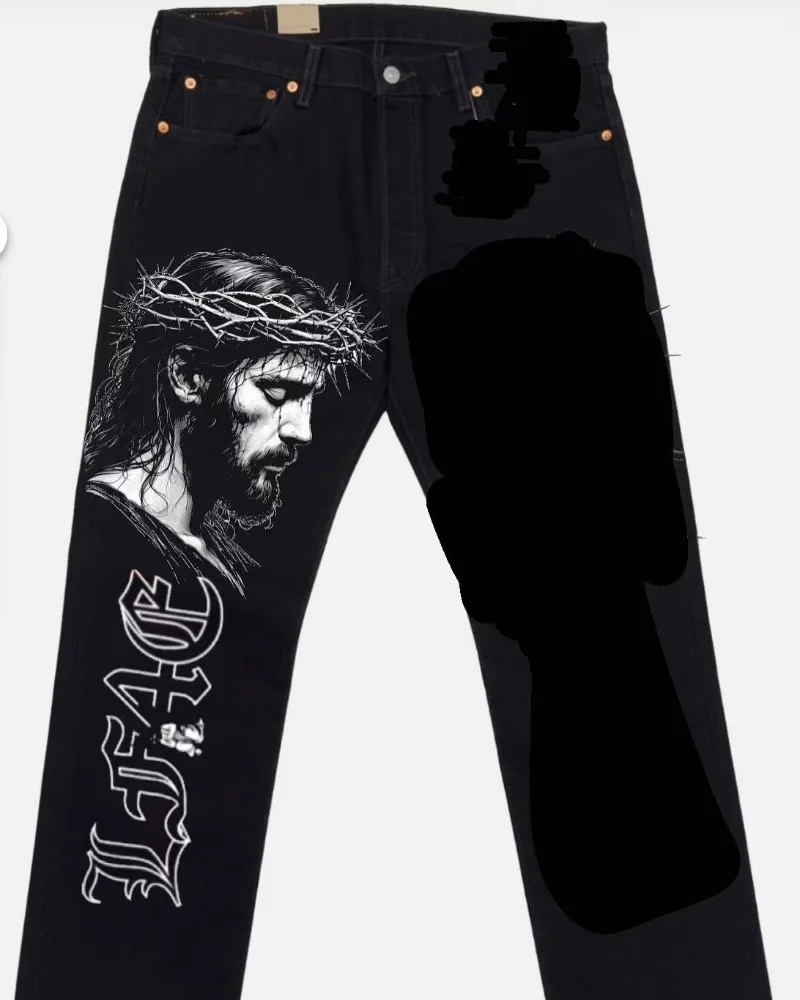 American Street Trendy Brand Letter Print Jeans Black Straight Jeans Men Women Ins Net Red Design Fashion Denim Wide Leg Jeans