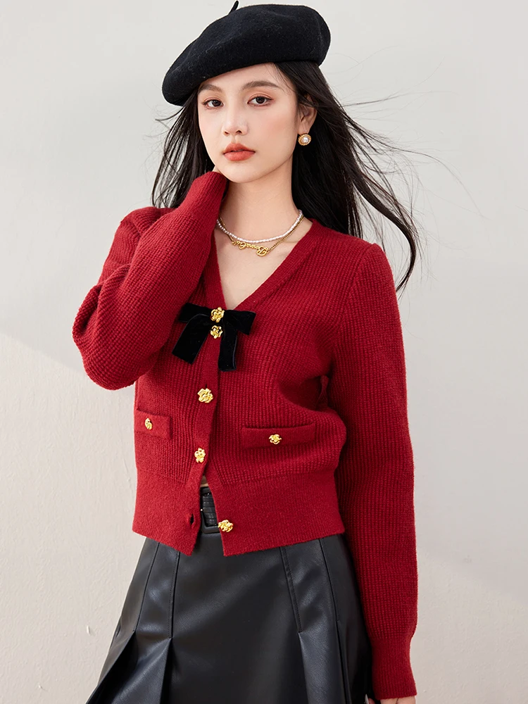 2024 Autumn/Winter Korean Sweet Knitted Cardigan Gentle Style Long Sleeve V-neck Sweater Women\'s Solid Color Button Coat Top