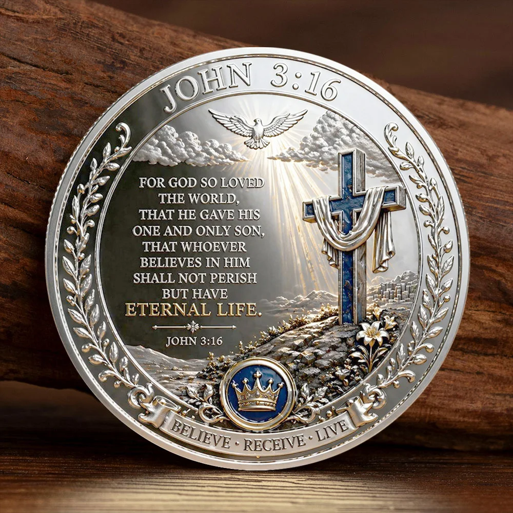 John 3:16 Eternal Life Cross Silvery Plated Souvenir Coin for God So Loved The World Jesus Collection Coin