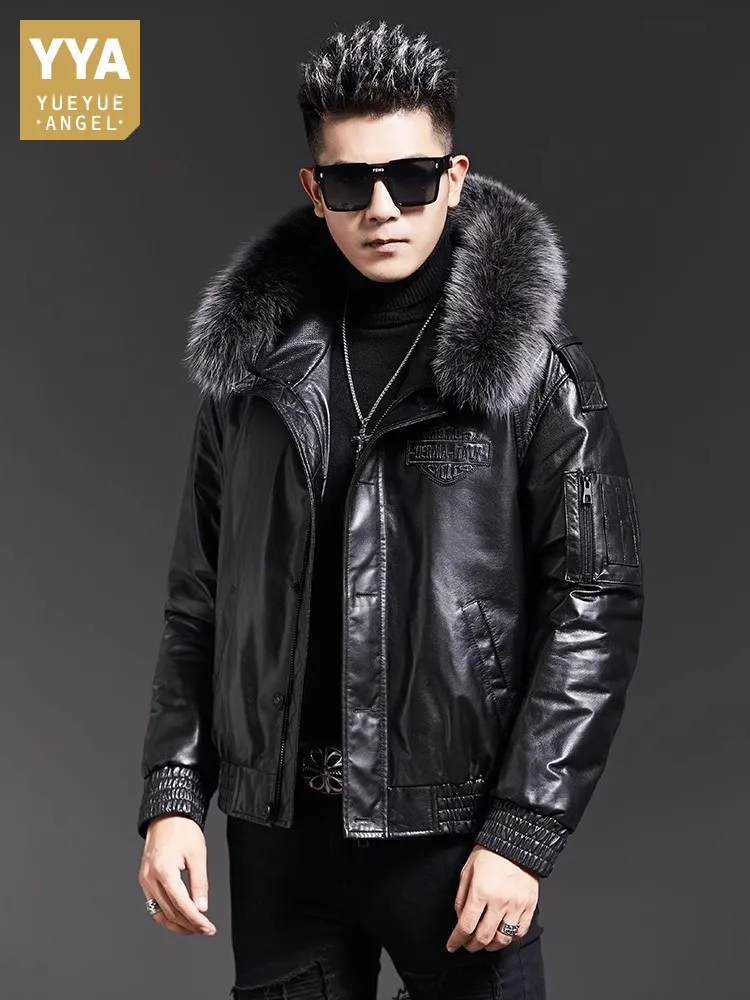 Fashion Mens Winter Fox Fur Collar Hooded Sheepskin Genuine Leather Down Jacket Warm Business Casual Work Bomber Jacket Overcoat