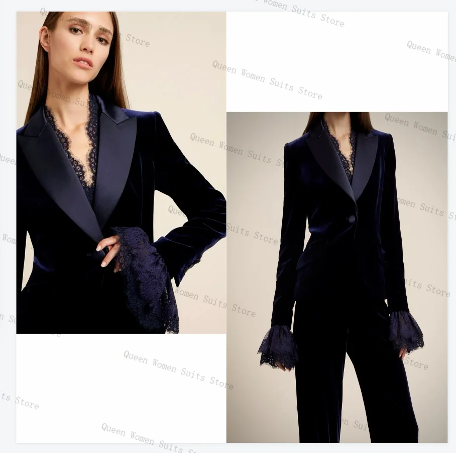 

Velvet Navy Blue Women Suit Set 2 Piece Lace Blazer Pants Trouser Formal Office Lady Jacket Cotton Wedding Bride Coat Customized