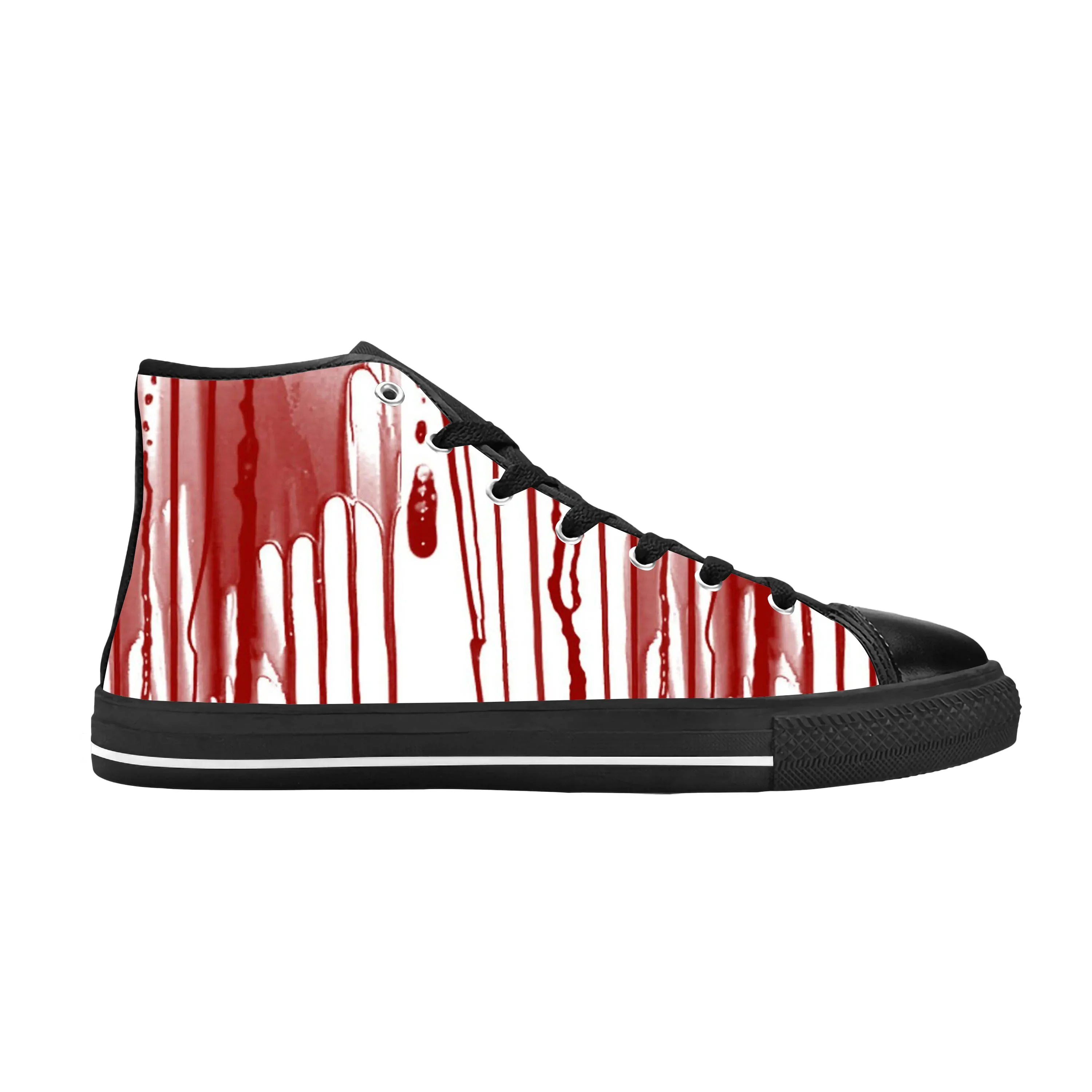 Tênis com padrão sangrento masculino e feminino, horror, halloween, gótico, casual, sapatos de pano, top alto, confortável, respirável, impressão 3D