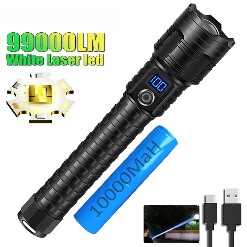 

99000LM high-power flashlight 5000M strong light LED flashlight rechargeable tactical light works for 26 hours lighting lantern