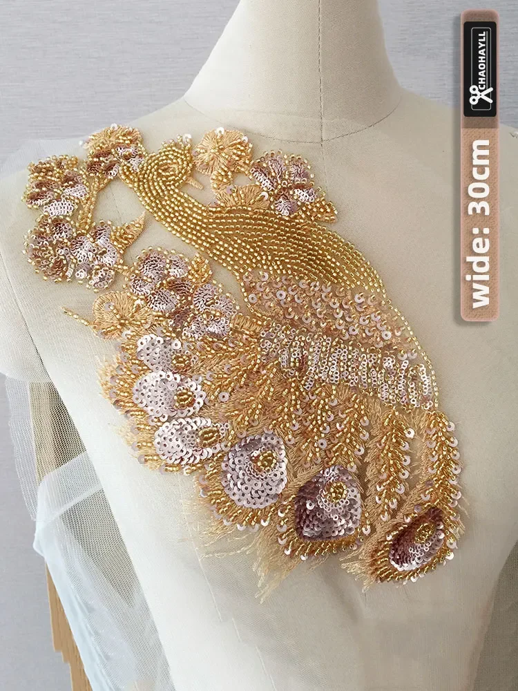 1Pcs 30*15CM Golden Beaded Peacock Sequins Patches Handmade Rhinestone Applique Sew on Evening Wedding Dress Decoration Supplies