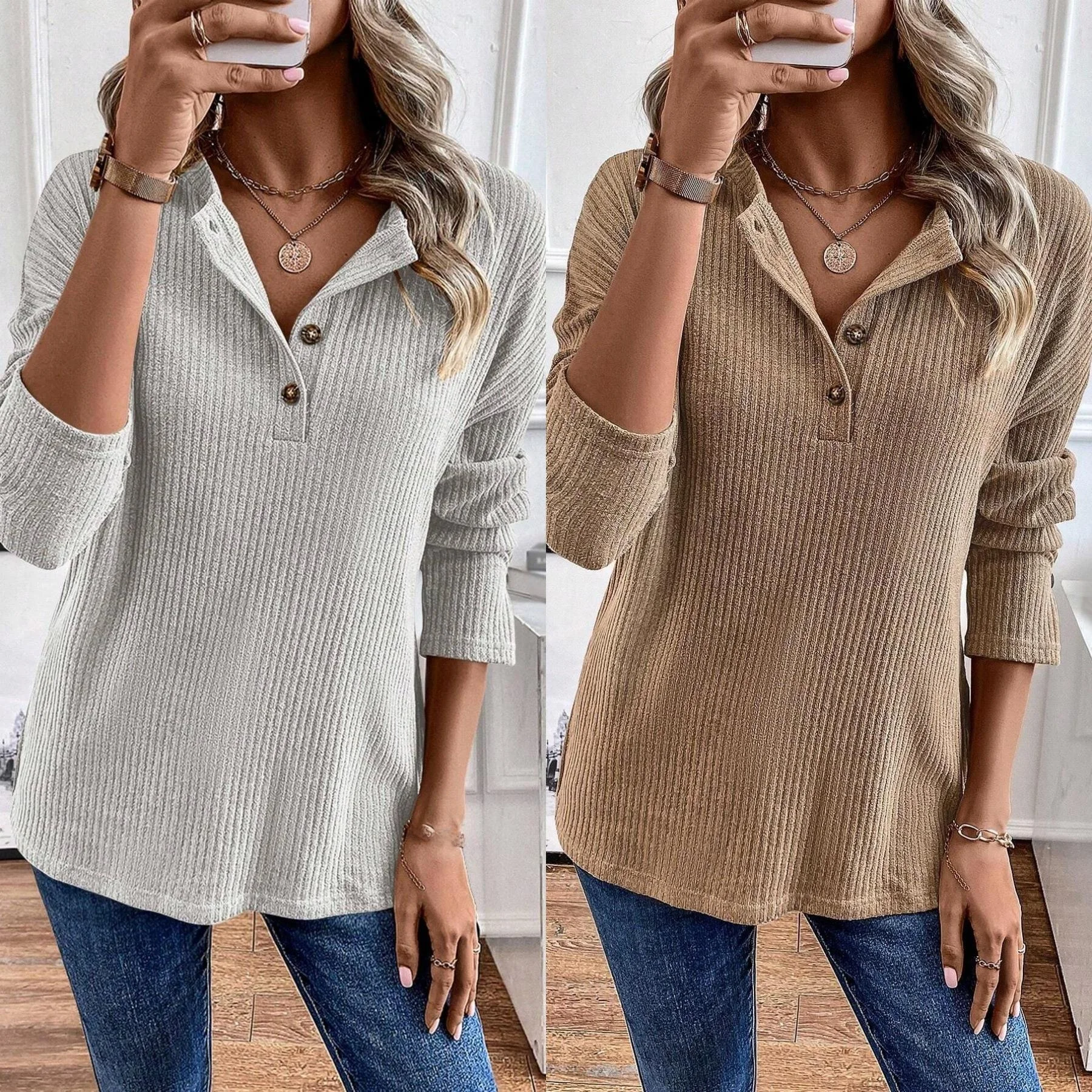 

Casual Long Sve V-Ne Button T-irt Women's Faion Cross-Border Loose Fit Top Comfortable Breathable Color Sweats...