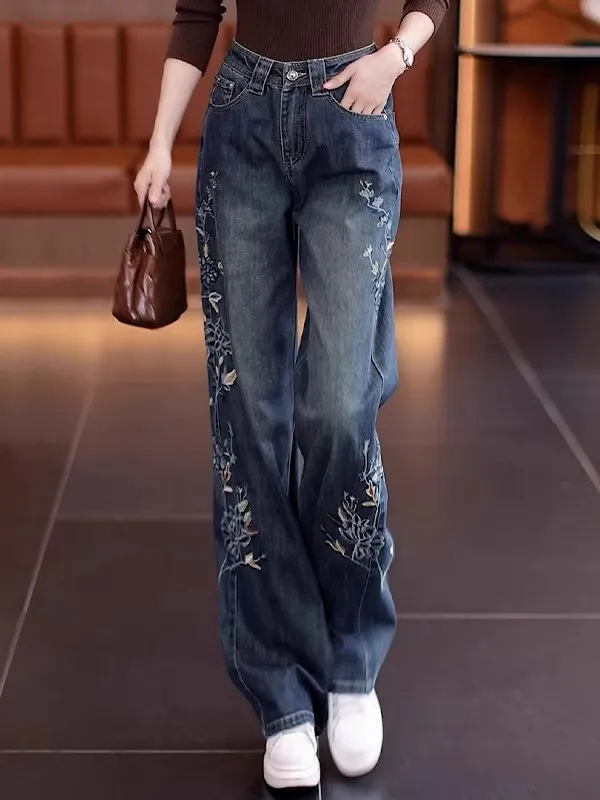 

Широкие джинсы с высокой талией Ele, женские весенне-осенние новые дизайнерские облегающие брюки с вышивкой, мягкие драпированные джинсовые брюки прямого кроя