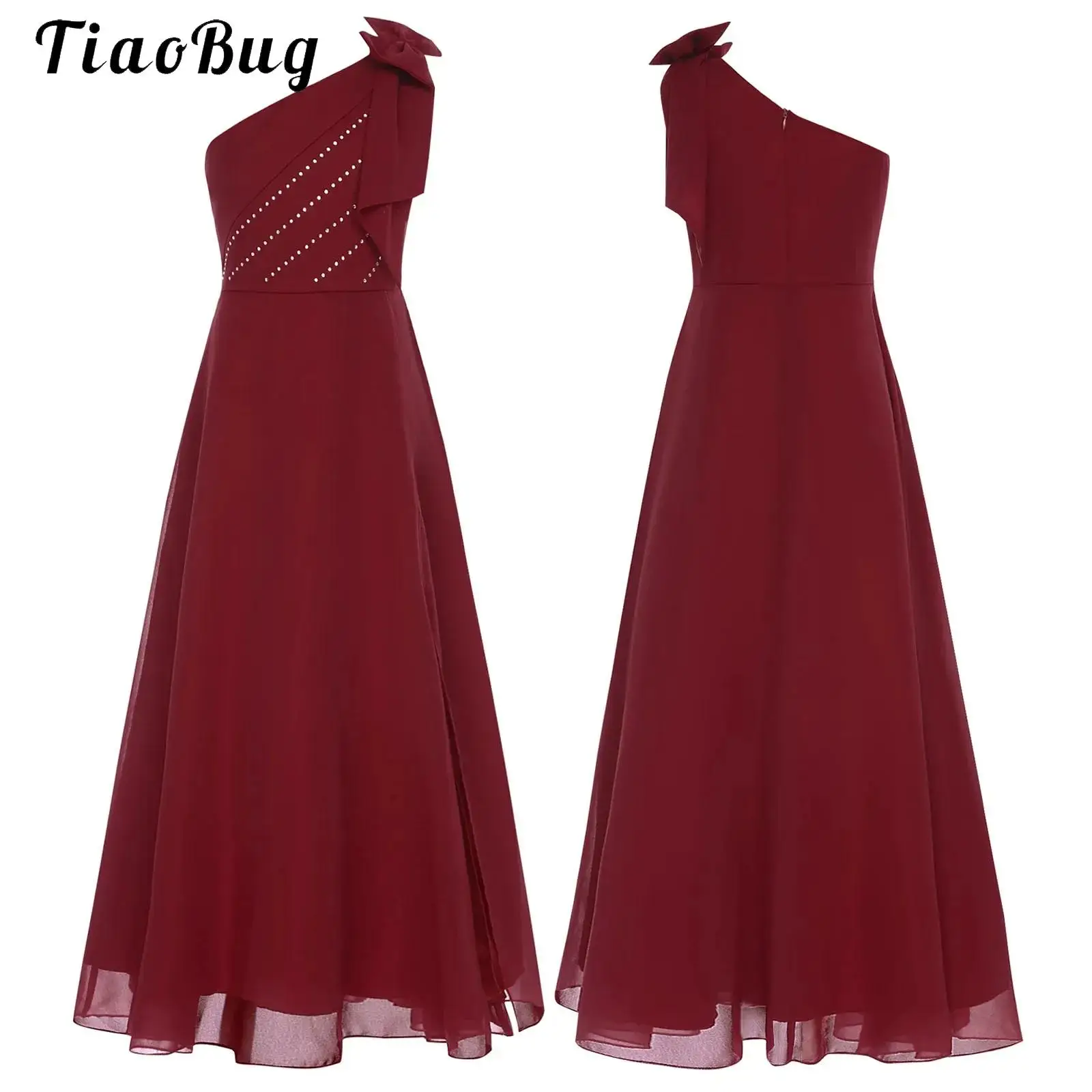 

Elegant Oblique Shoulder Sleeveless Junior Long Bridesmaid Dress Party Dresses Flower Girl's Dress Rhinestone Chiffon Party Gown