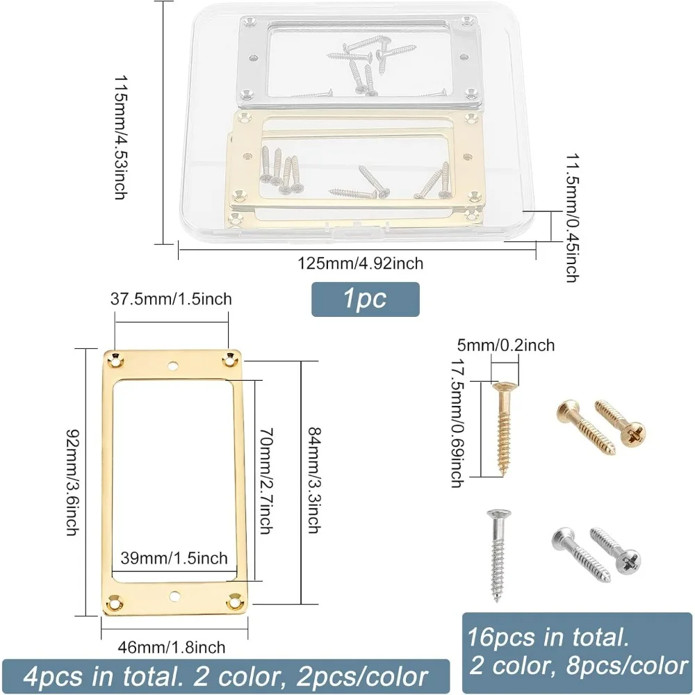 4 Pcs Flat Metal Humbucker Pickup Mounting Ring Set Gold & Sliver Bridge Neck Pickups Cover Frame with Screws Replacement Alloy