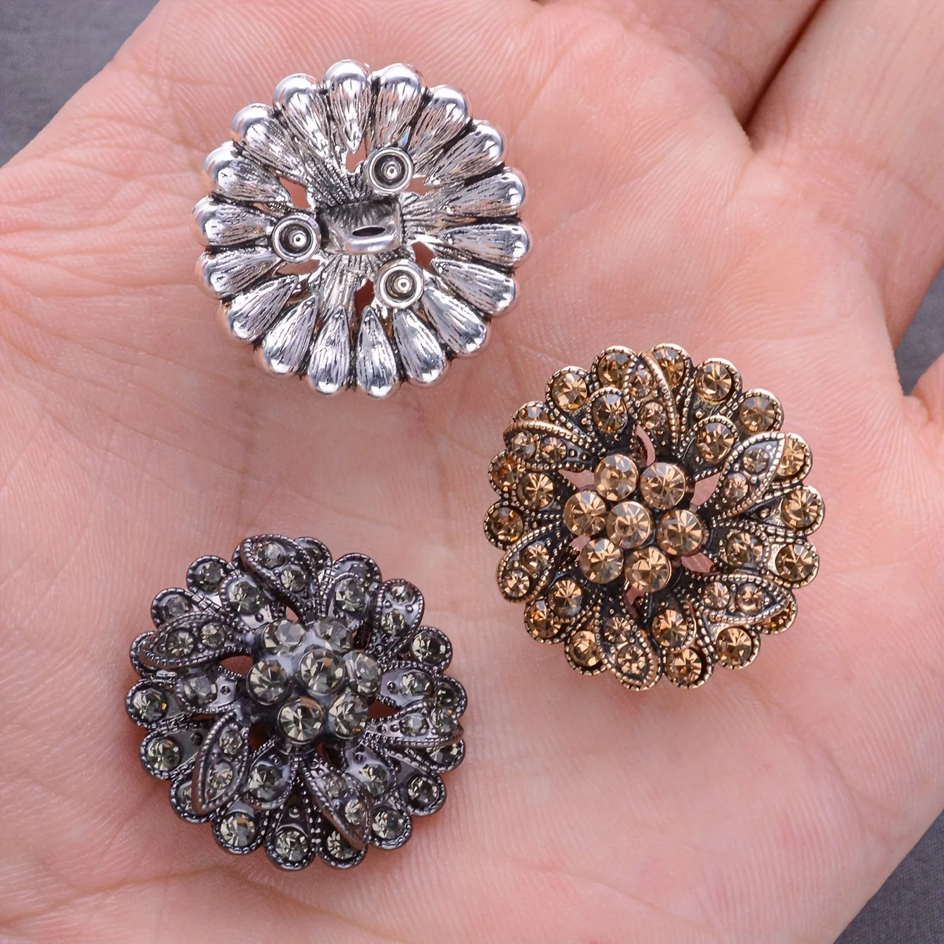 3/6pcs Three Layer Rhinestone Vintage Flower-Shape Metal Buttons For Clothing Decorative DIY Fashion Sewing Buttons 25mm