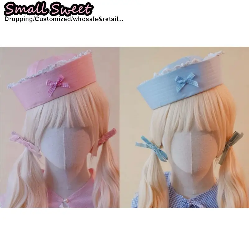 Women Subculture Y2K Girl Handmade Gingham Nurse Cap Sailor Cap Captain Cap Small Bow Lace Pink For Autumn And Winter Photoshoot