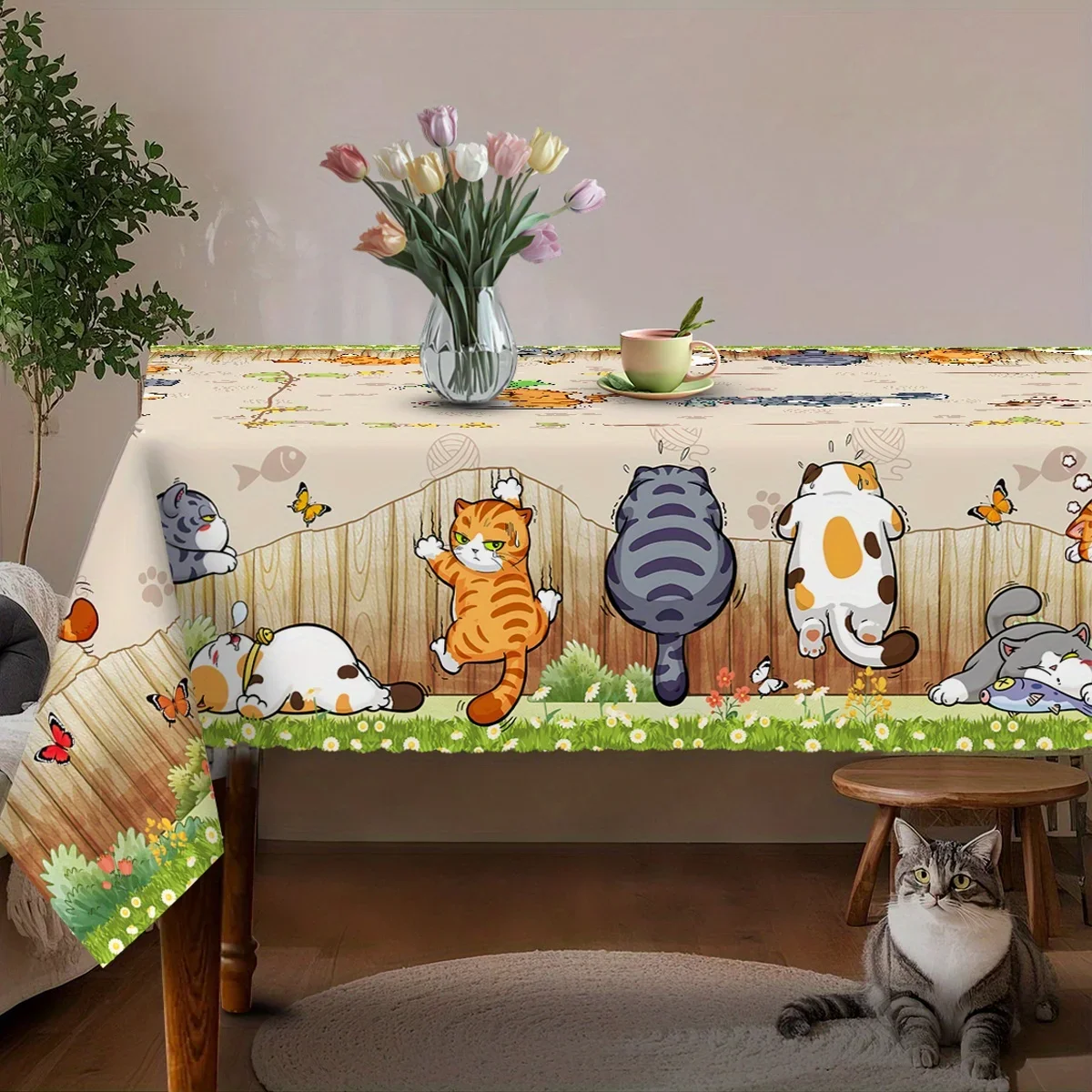 1pc Cartoon Cat Pattern Tablecloth Beige Cute Cats And Butterflies Print Table Cover For Dining Room Kitchen Home Decor pro