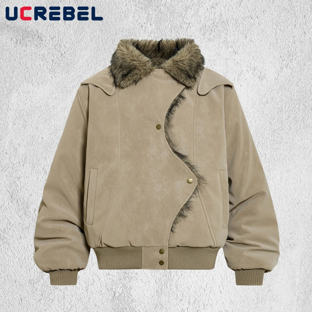 

Стеганая куртка с меховым воротником, мужская зимняя толстая уличная куртка с лацканами и длинными рукавами из искусственной кожи, мужская куртка