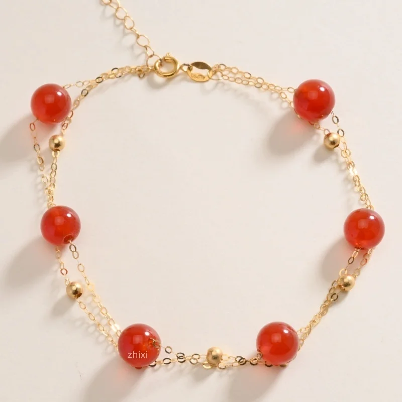 18K yellow Gold Bracelet Double-layer Fine Jewelry au750 natural  round red agate fashion wedding party gift for women S1003