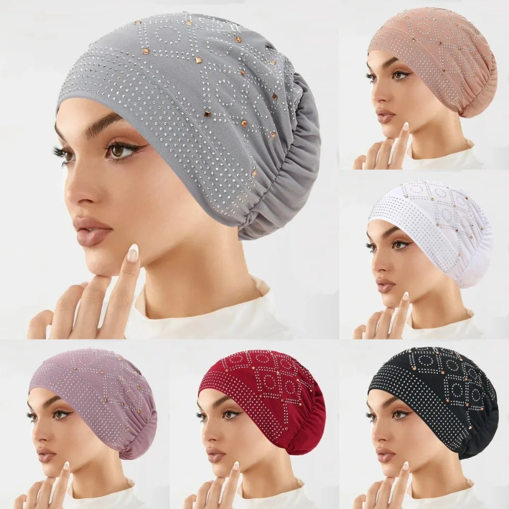 

Women Muslim Rhinestone Linen Hijab Cap Stylish Embellished Headscarf