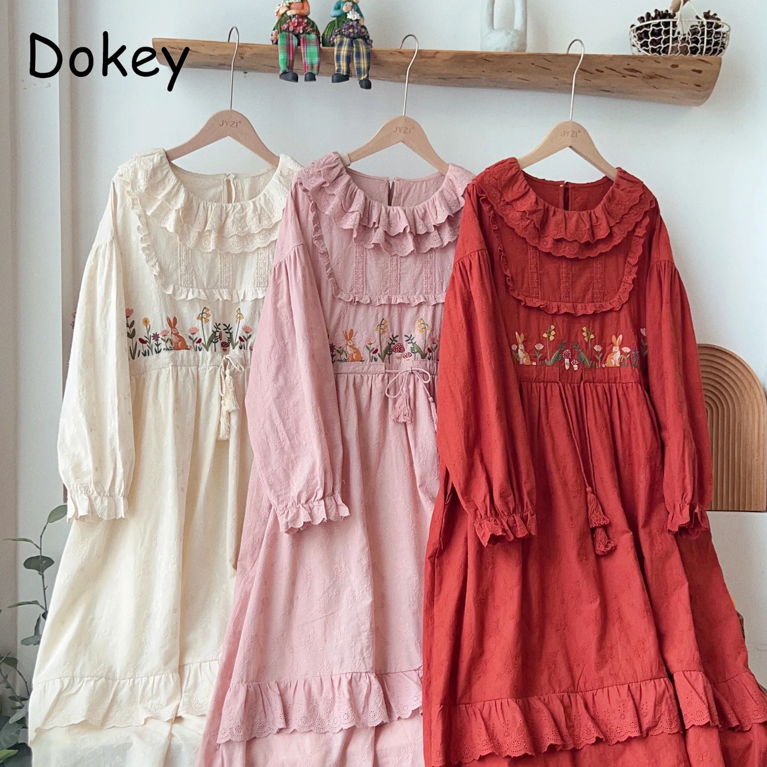 Vintage Embroidery Long Sleeve Kawaii Dress Women Autumn Japanese Mori Girl Cotton Linen Maxi Dress Casual Lace Ruffled Vestidos