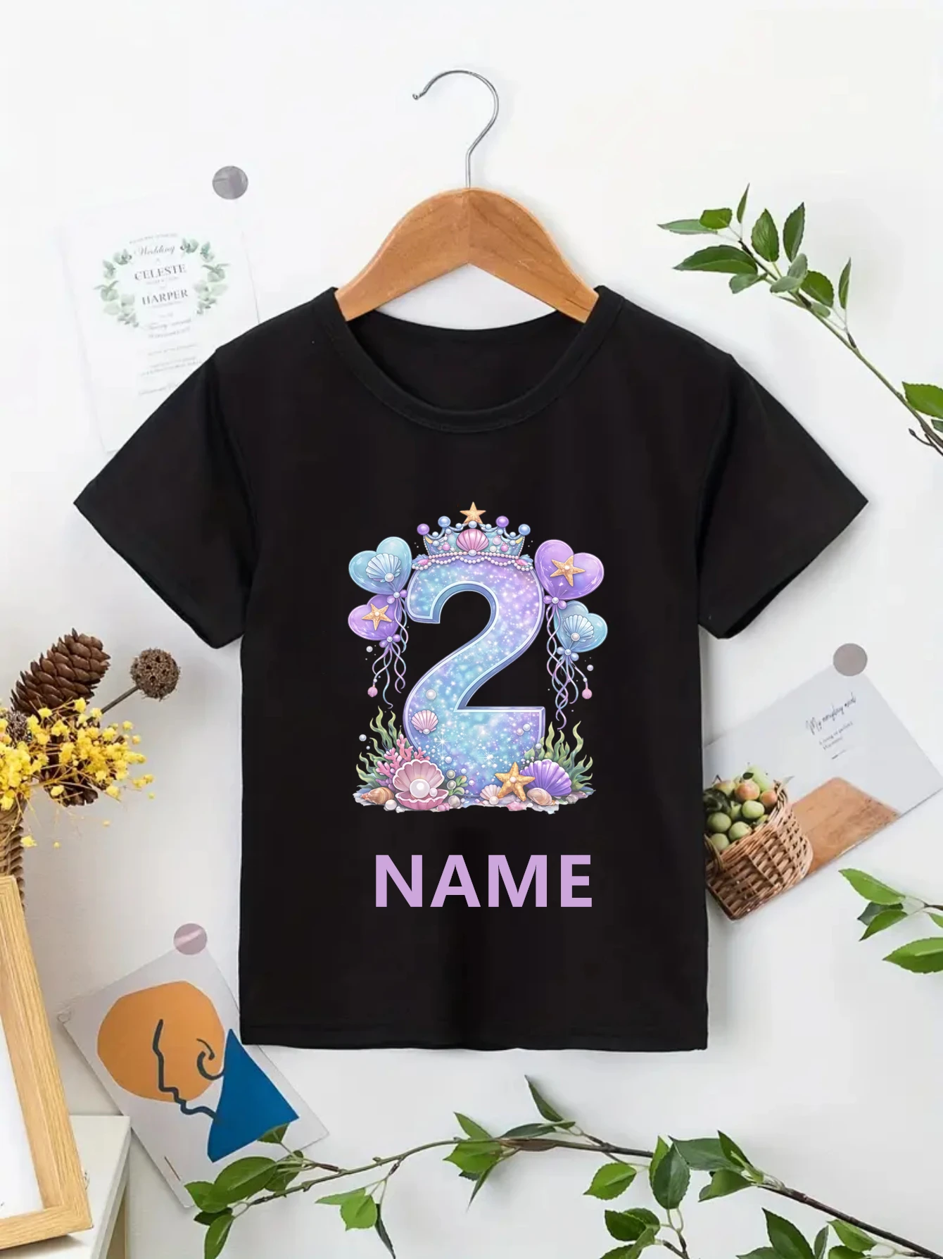 Customized Name Birthday Girls T-Shirt Colorful Starfish, Seashell Ocean Themed Balloons, Blue Pearl Crowns Printed Tshirt Tops