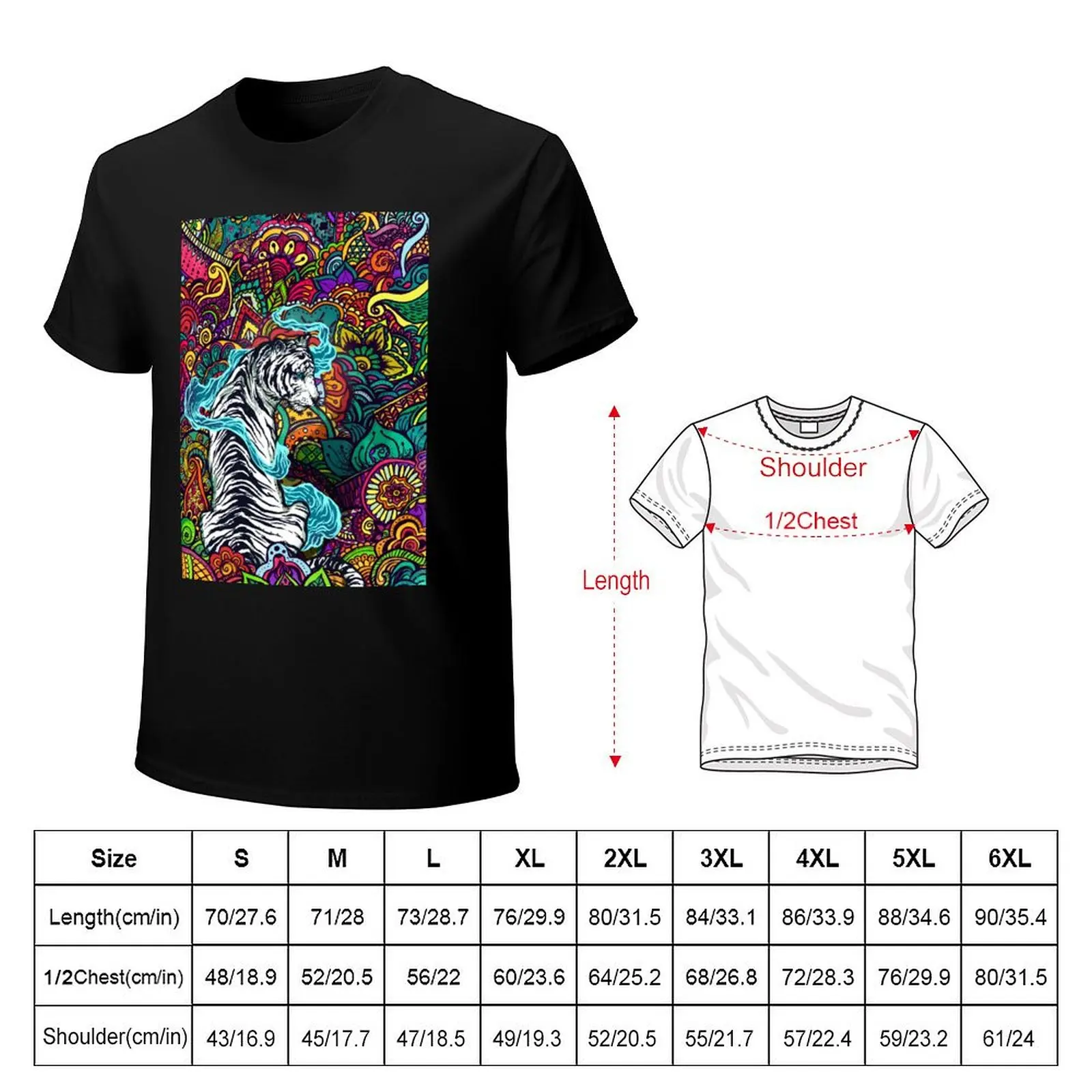 The White Tiger -Tiger with colorful floral pattern T-Shirt Non-Shrink Basic Cotton T-Shirt