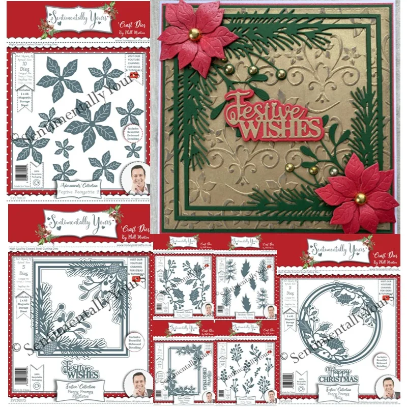 Happy Christma Berry Sprigs Poinsettias Holly Branches Fancy Frames Mistletoe Metal Cutting Dies Decorate Embossing Diy 2024 New