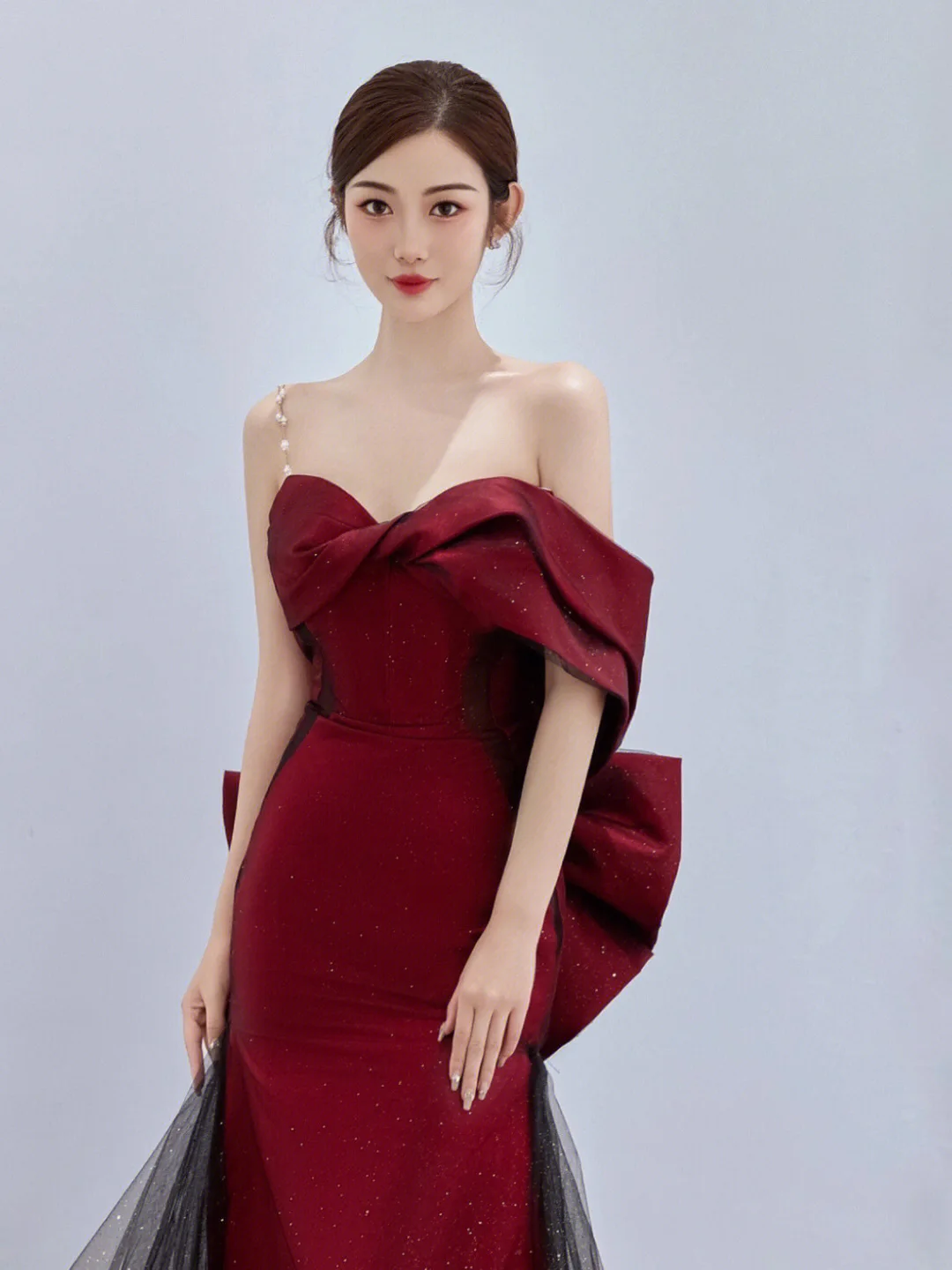 

Women Burgundy Long Fishtail Prom Gown Elegant One Shoulder Formal Backless Wedding Party Dress