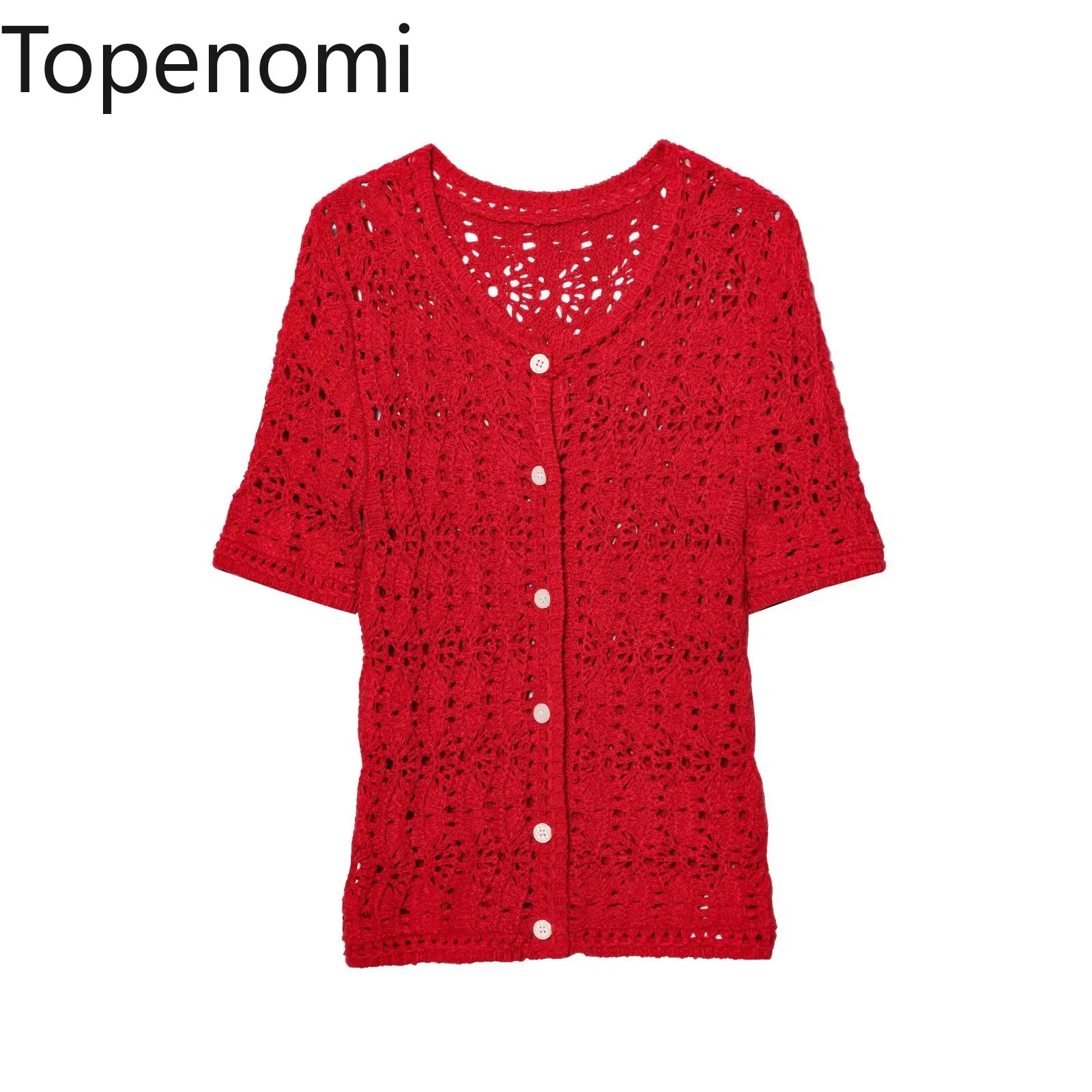 

Topenomi Red Hollow Out Knitted Cardigan Women 2025 Summer Round Neck Single Breasted Sweater Coat Sweet Slim Short Sleeve Tops