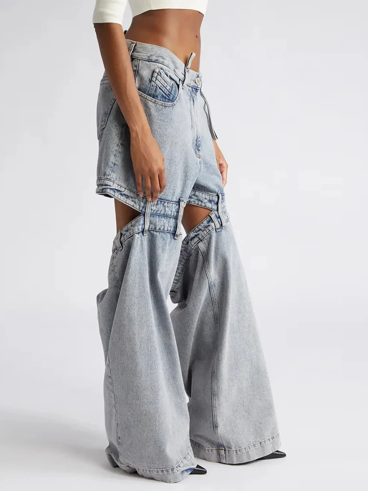 CHICEVER Streetwear Hollow Out Denim Pants For Women High Waist Full Length Patchwork Pockets Solid Chic Wide Leg Pant Female