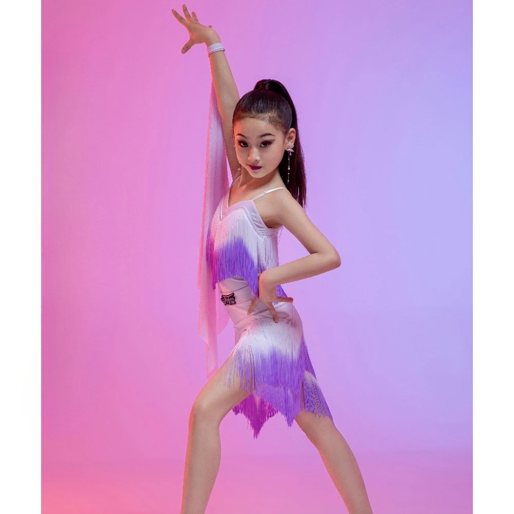 Girls Gradient Fringe Latin Dance Dress Kids Sleeveless Tassel Ballroom Tango Performance Costume Set