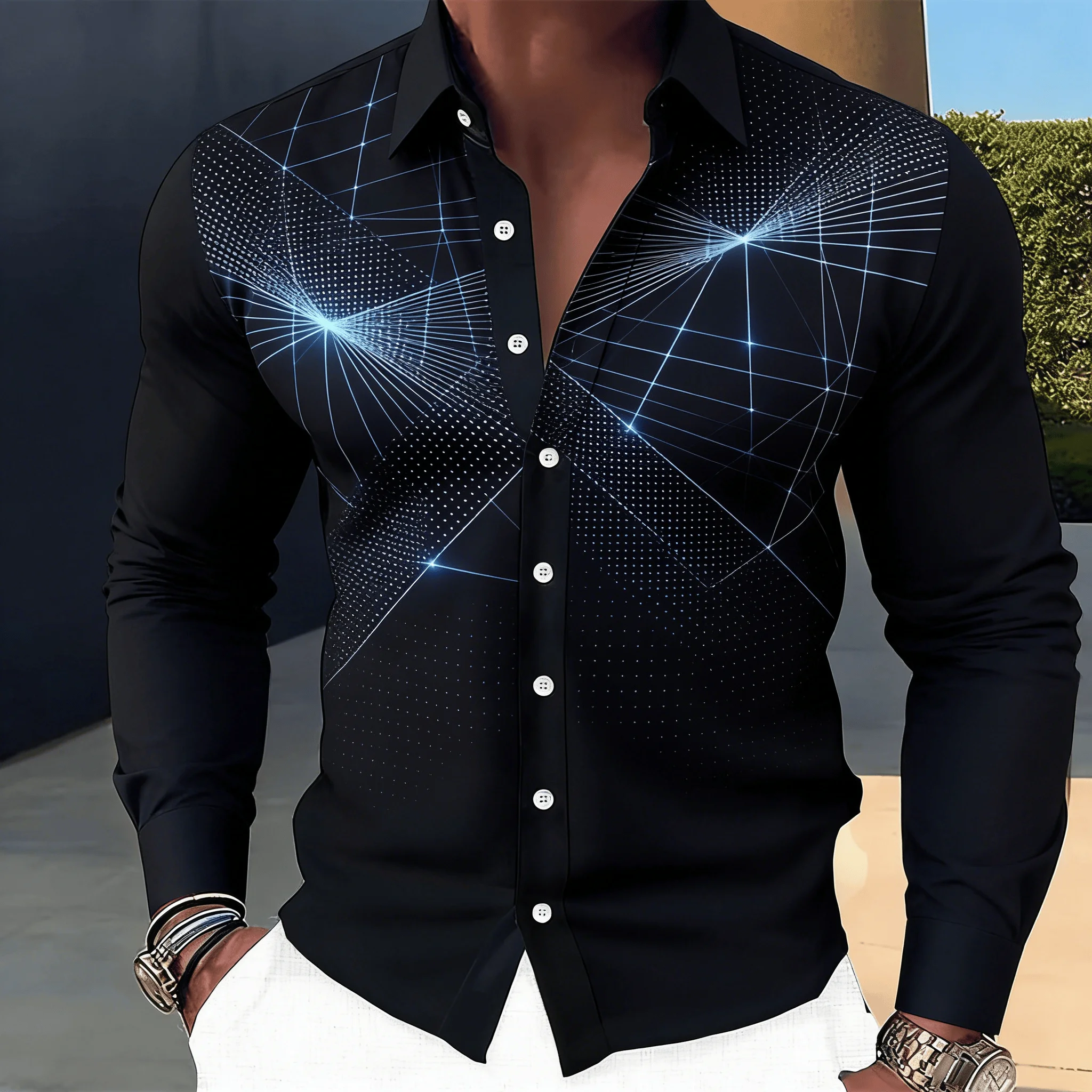

Men's Futuristic Geometric Light Beam Print Lapel Shirt, Spring Summer Techwear Style Top, Cyber Grid Pattern