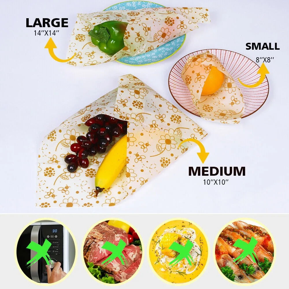 6pcs beeswax food packaging, easy to clean and recyclable, with three sizes of packaging paper for vegetables, fruits, and bento