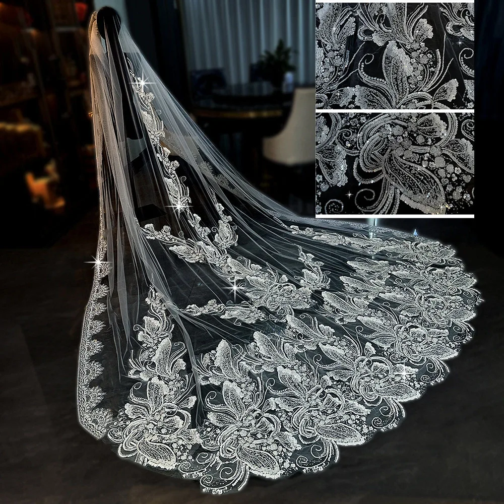 Свадебная фата Mantilla L&P DQL Studio, реальные фотографии, с цветочными аппликациями из бисера, фата для невесты длиной 3*3,5 м.