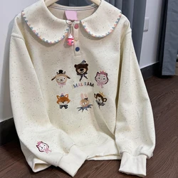 Korean Colorful Cartoon Embroidered Sweatshirt Cute Doll Collar Sheep Cat Anime Y2K Top Winter Autumn Long Sleeve Clothes