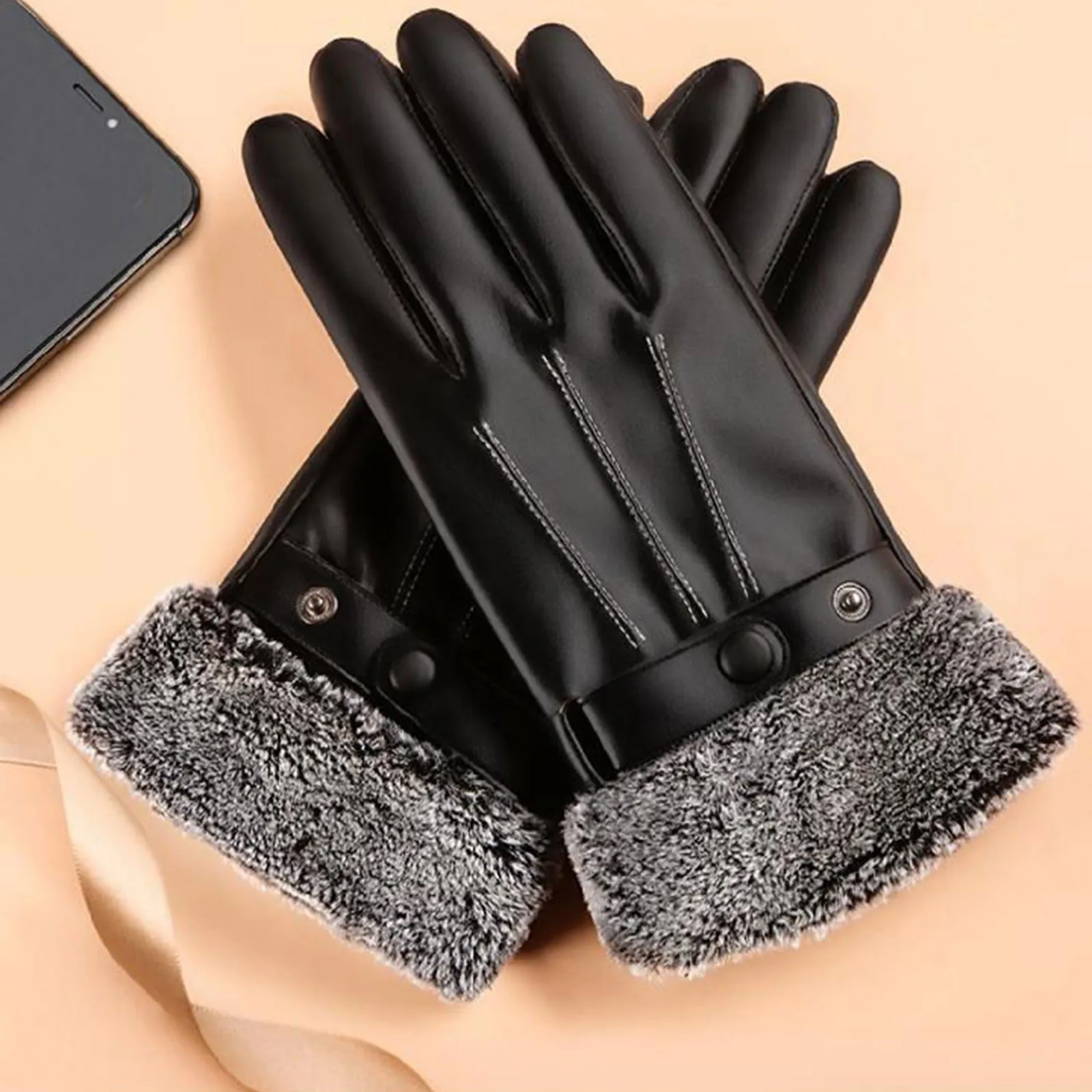 Male Winter Autumn Driving Mittens Waterproof Tactical Glove Fleece Linings Leather Gloves Men\'s PU Leather Cashmere Warm Sports