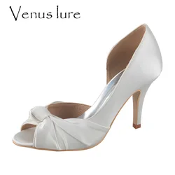 Venus lure 28 Colors Customized Peep Toe Heels for Wedding Ivory Satin Ladies Shoes for Bride with Knots