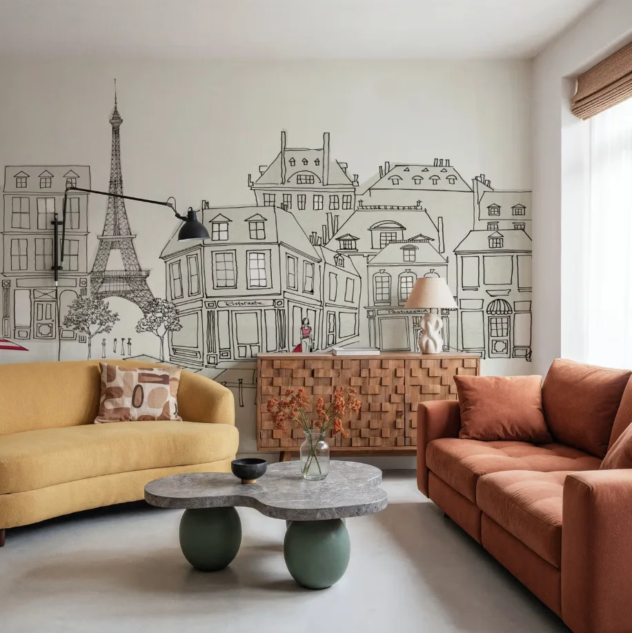 Custom sized murals, hand drawn lines, architectural towers street views, high-rise buildings, water cities, boats, 3d wallpaper