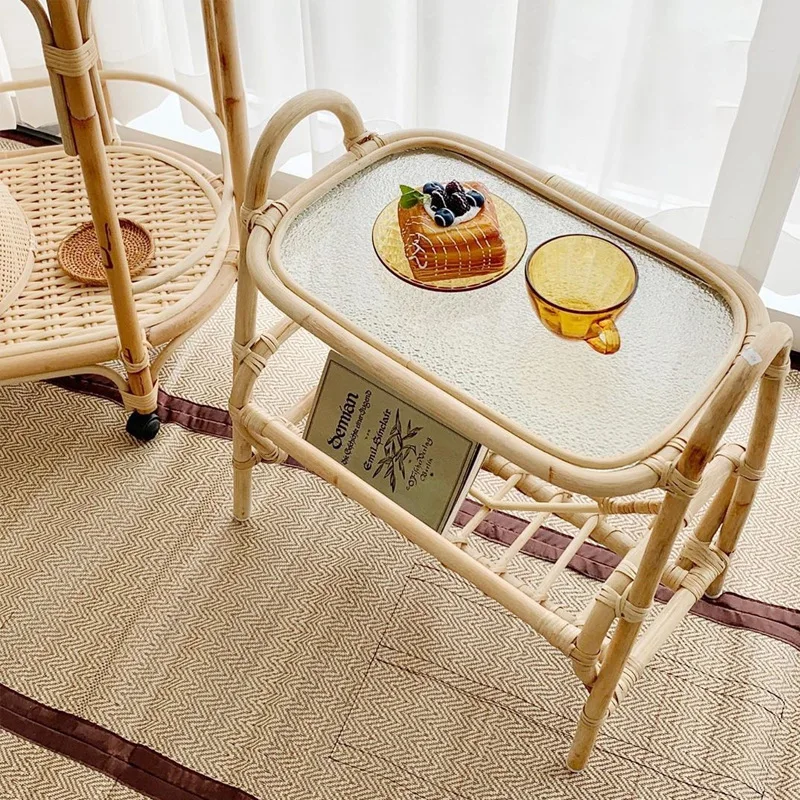 Rattan shelf wabi-sabi style coffee table Second-hand small side table Internet celebrity glass double sofa small coffee table