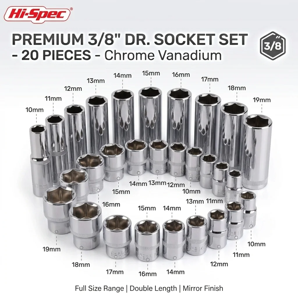 Hi-Spec 3/8" Metrischer Tiefen-Steckschlüsselsatz (10-19mm), CR-V Stahl Lange Stecknüsse für Ratschenschlüssel & Handwerkzeuge zur Autoreparatur