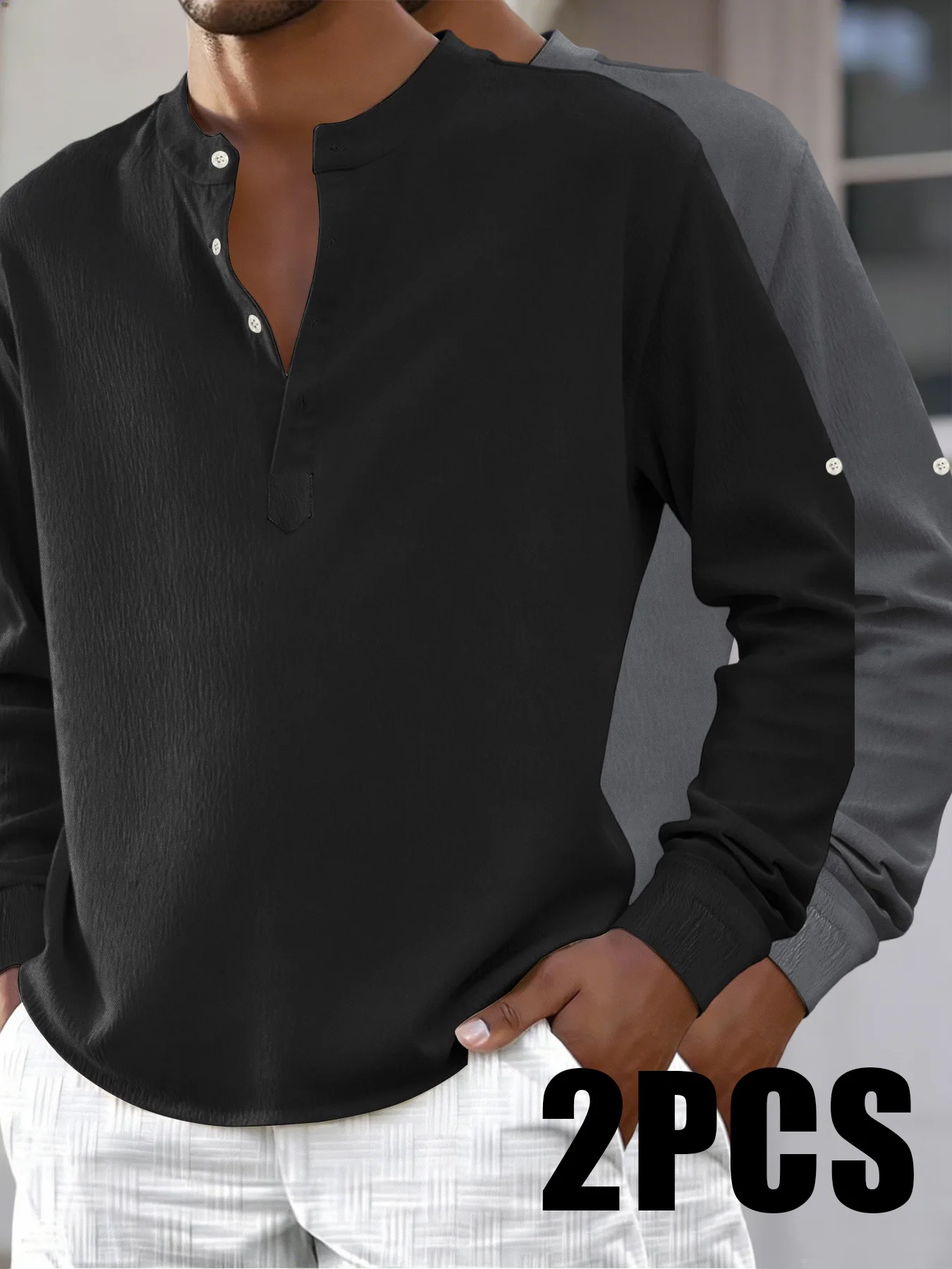 2Pcs Mens Mandarin Collar Henley Shirts Half Button Front Textured Woven Long Sleeve Tops Wrinkle Resistant Lightweight Blouses
