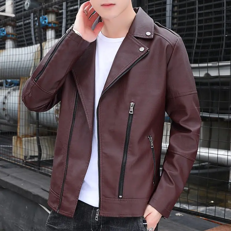 

British Style Men's PU Leather Jacket Autumn Slim Fit Lapel Collar Korean Slim Fit Trendy Coat​