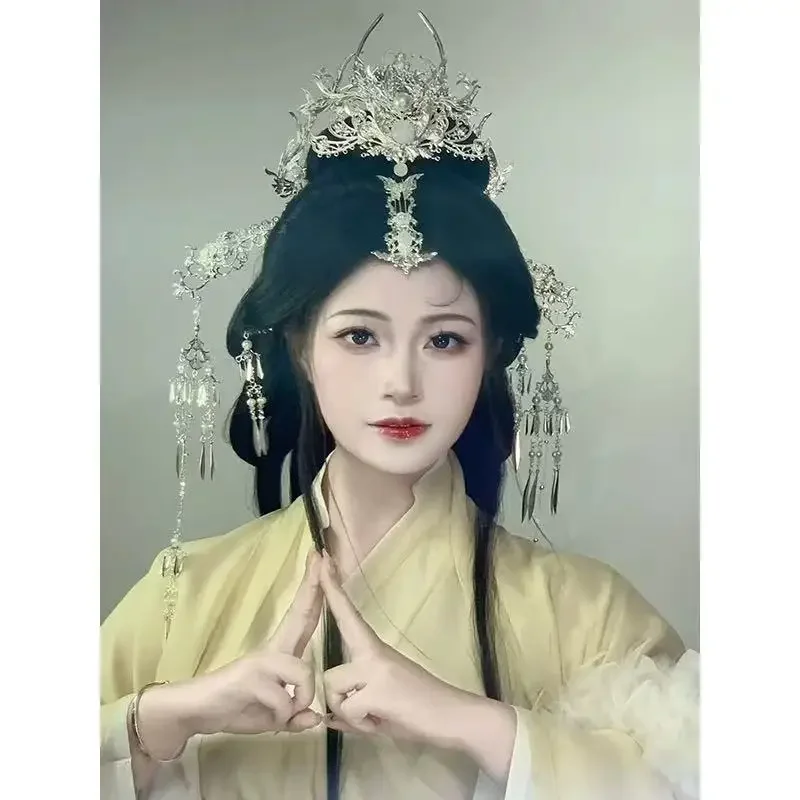 Chinese Ancient-Style Hanfu Hair Accessories Silver Hairpin Set Wedding Party Masquerade Ball Props