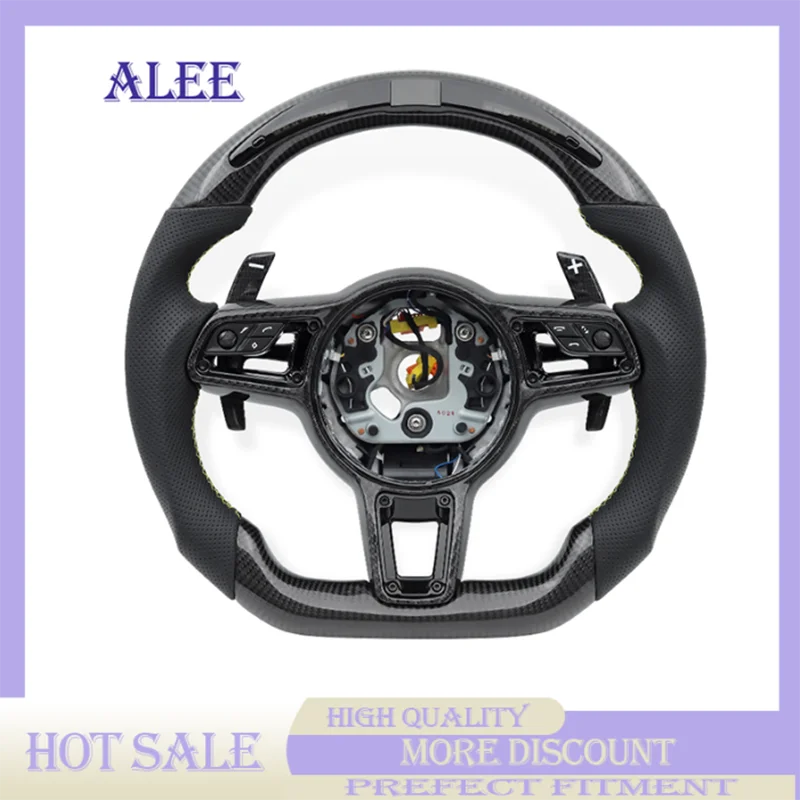 

Customized Steering wheel For Porsche Cayenne Panamera 911 718 leather Carbon Fiber LED Racing Paddle Shifters Yellow thread